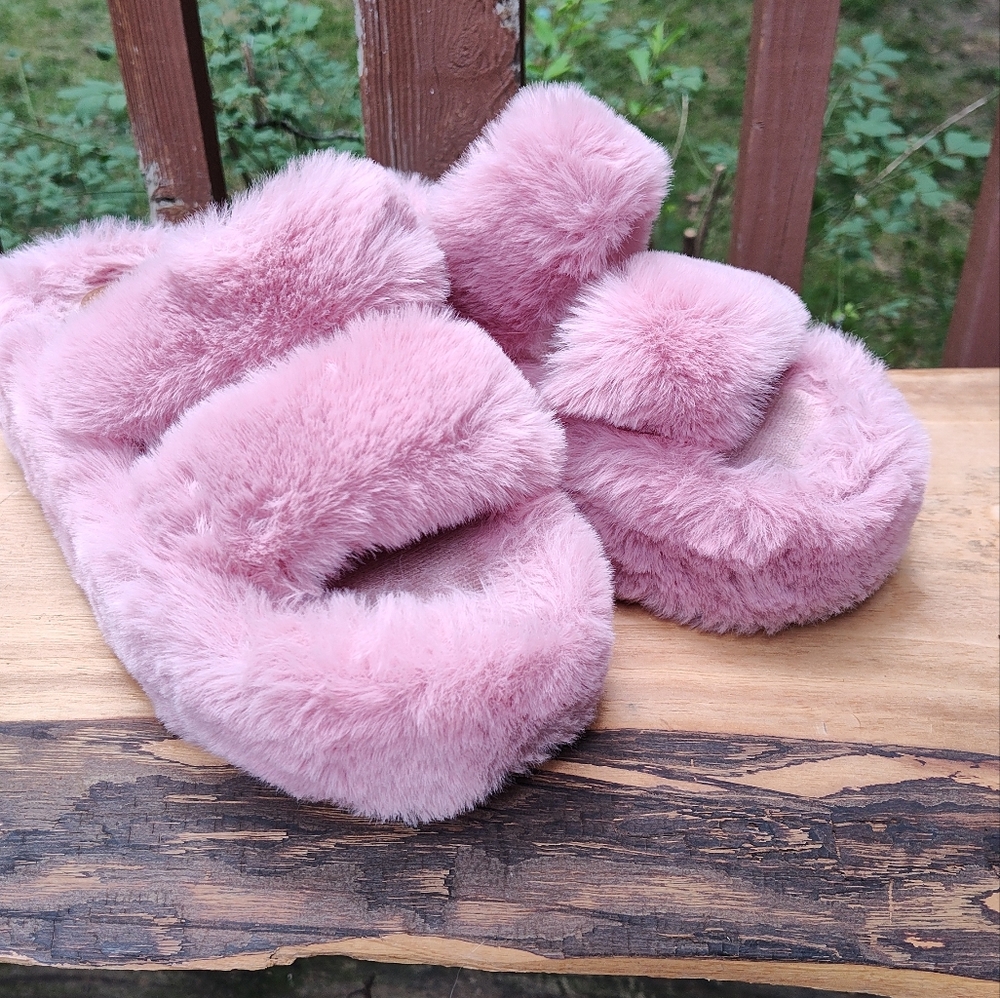 Pink Faux Fur Fluffy Slippers Double Strap